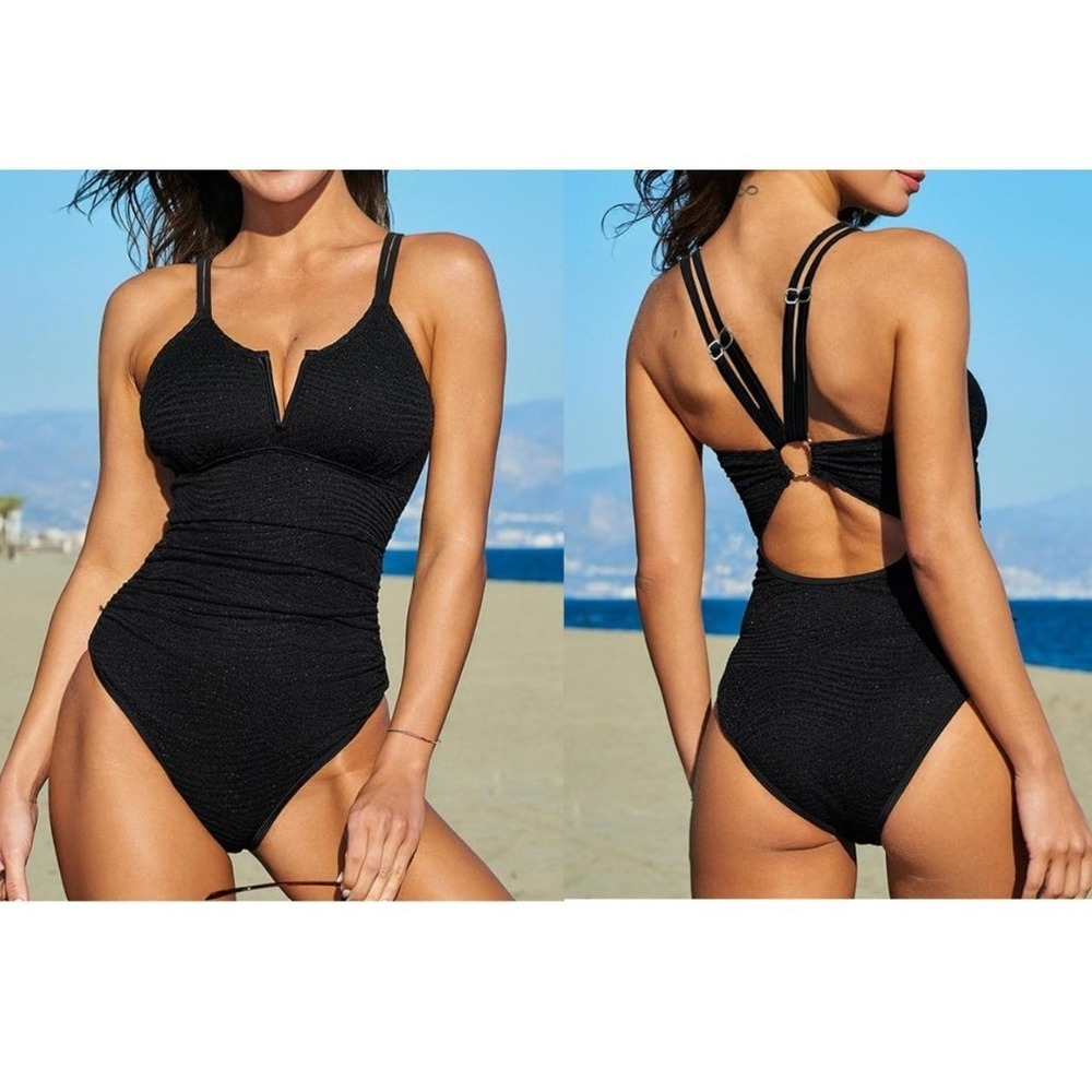 NWT Cupshe One Piece Swimsuit Womens M Black Textured Ruched Cut Out O-Ring